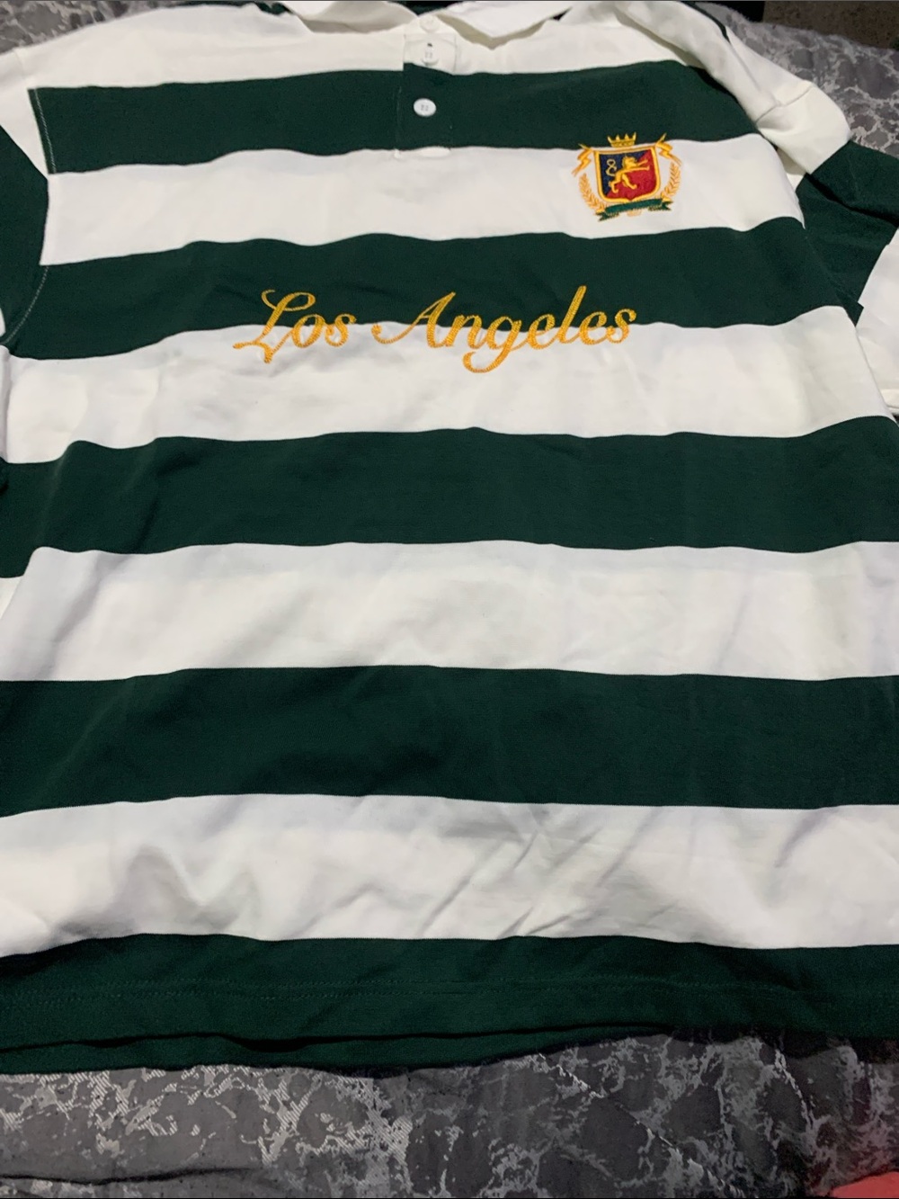 Men’s  Green & White Striped Polo Shirt with 'Los Angeles' Embroidery